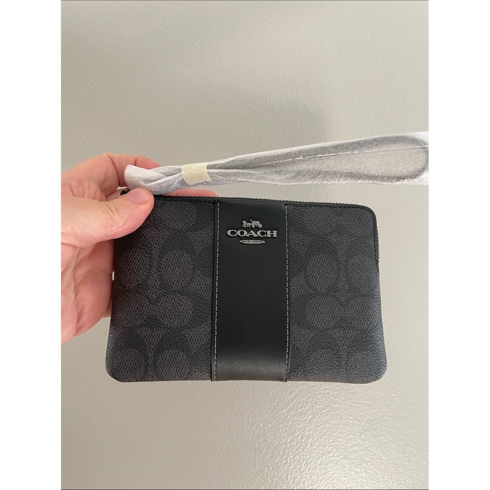 Coach Signature Monogram Wristlet Charcoal Black Coated Canvas Leather Small